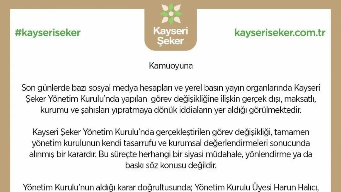 Kayseri Şeker: “Görev değişikliği siyasi bir karar değil”