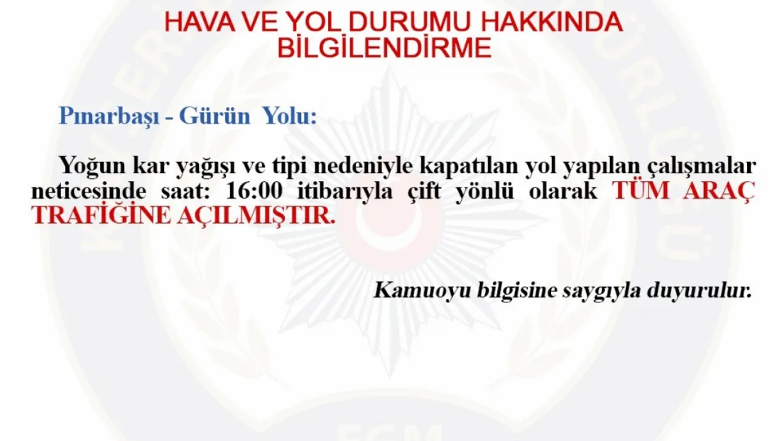 Pınarbaşı-Gürün yolu ulaşıma açıldı