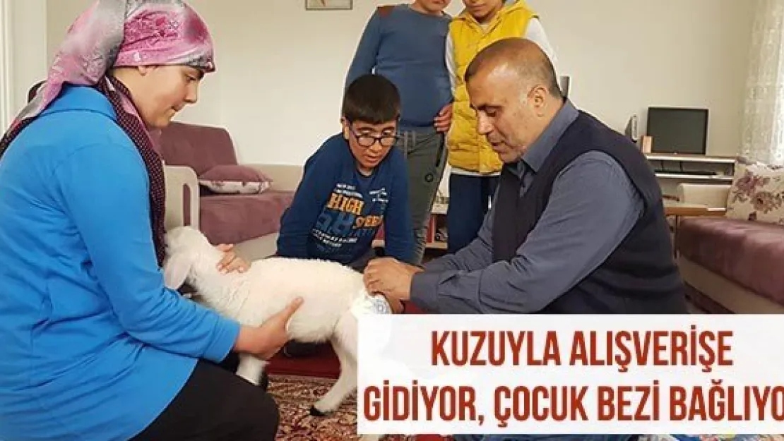 Kuzuyla alışverişe gidiyor, çocuk bezi bağlıyor