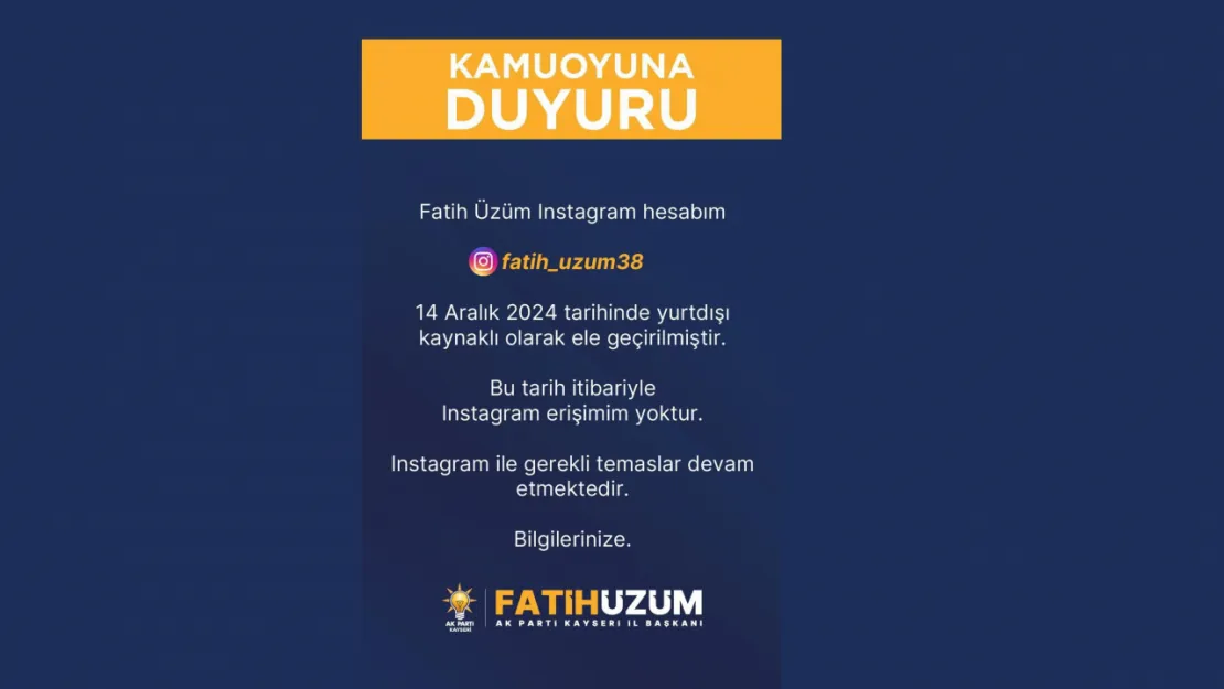 Başkan Üzüm'ün Instagram hesabı çalındı