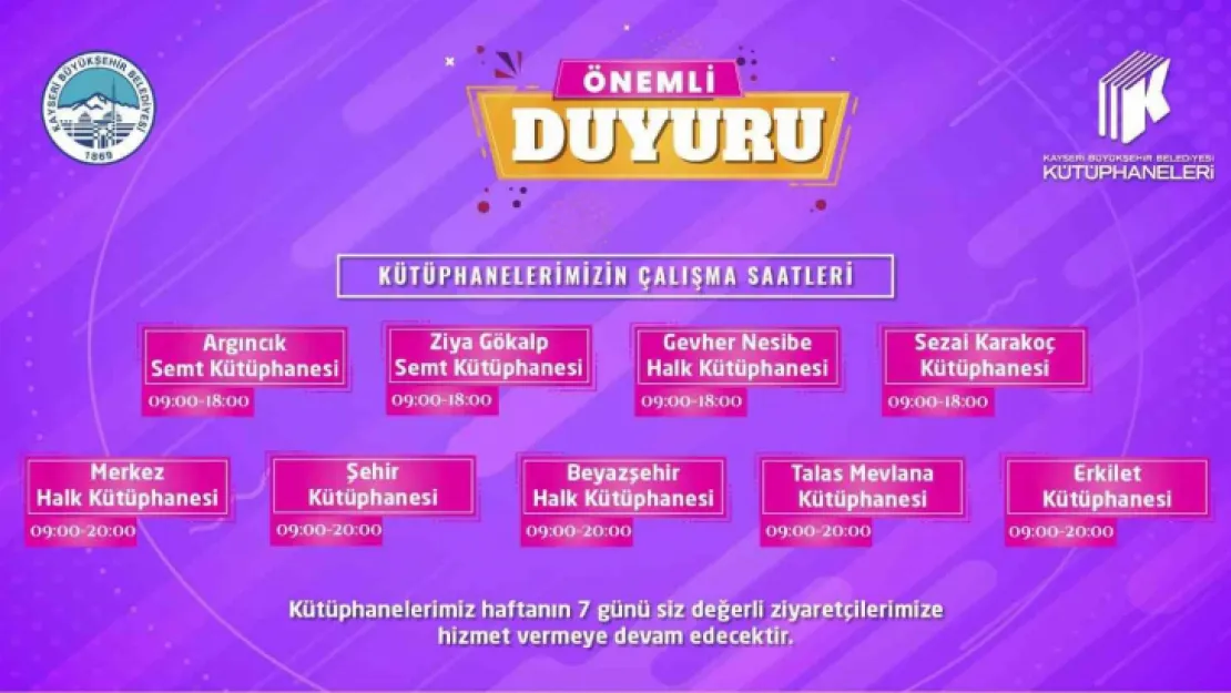 Büyükşehir Kütüphaneleri'nde yeni saat düzenlemesi