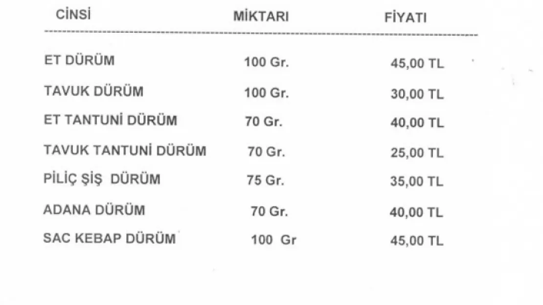 Dürüm fiyatları güncellendi