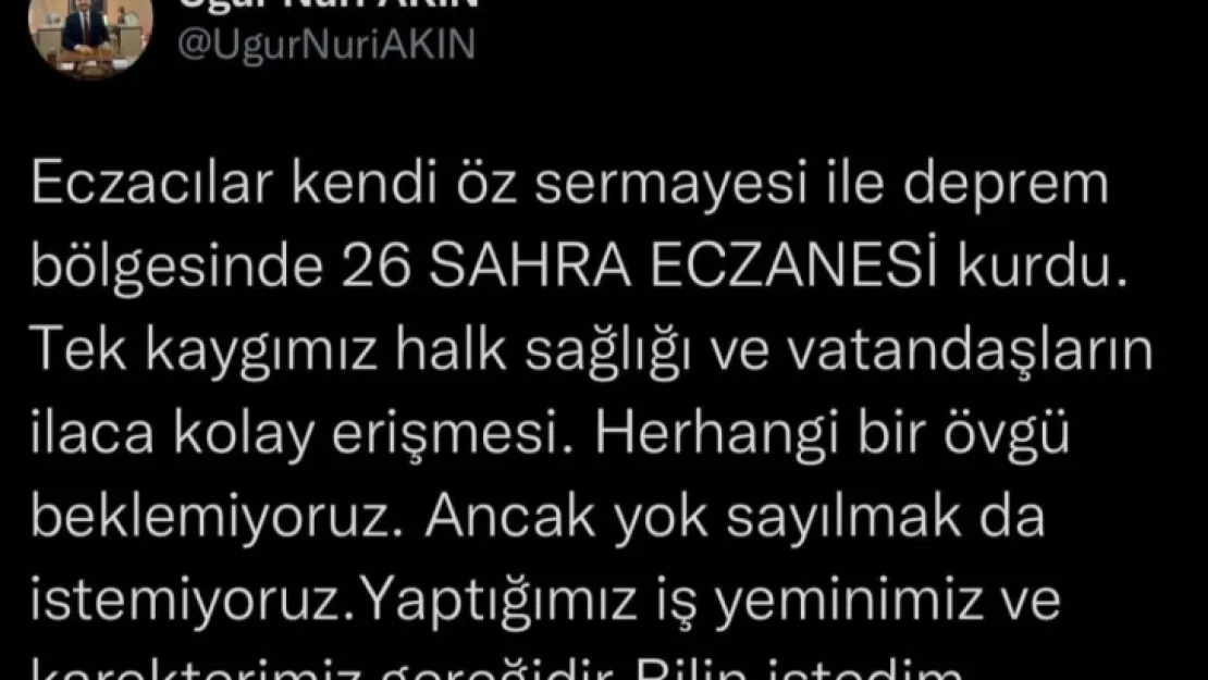 Eczacılardan deprem bölgesinde 26 Sahra Eczanesi