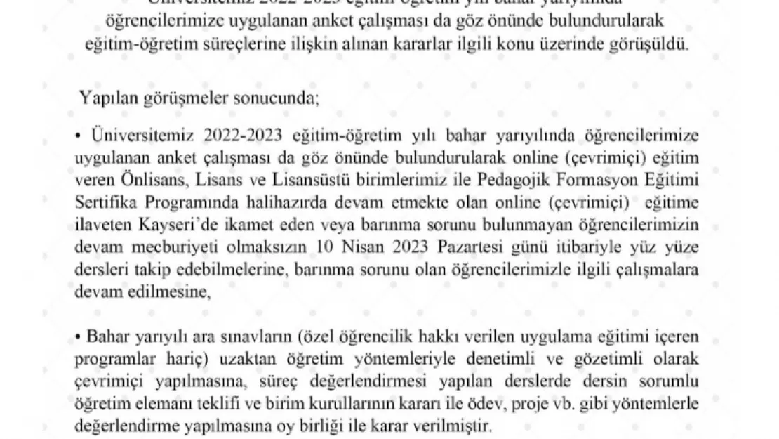 ERÜ'den, 'hibrit eğitim' açıklaması