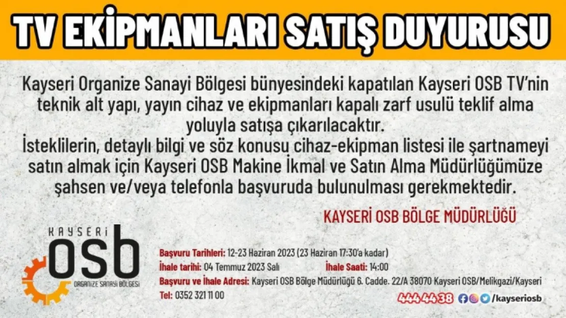 Kapatılan Kayseri OSB TV'nin cihazları satılıyor