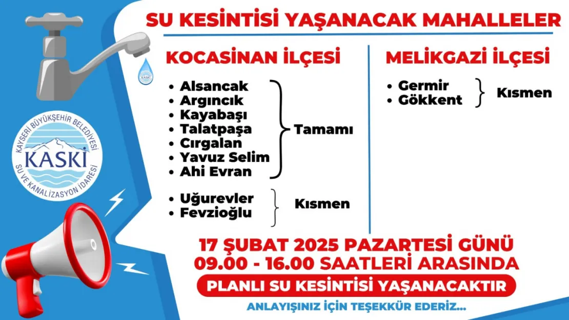 Kayseri'de planlı su kesintisi uyarısı