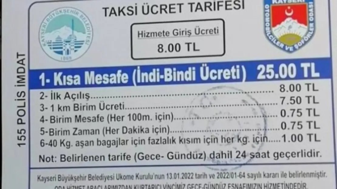 Kayseri'de taksi ücretlerine zam geldi