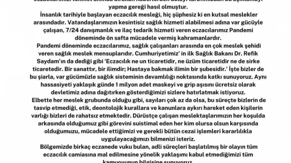 Kayseri Eczacı Odası: 'Operasyonun eczacı camiasına mal edilmesini kabul etmiyoruz'