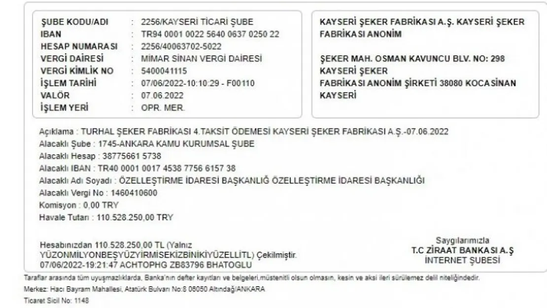 Kayseri Şeker'den 'Turhal Şeker Fabrikası' açıklaması