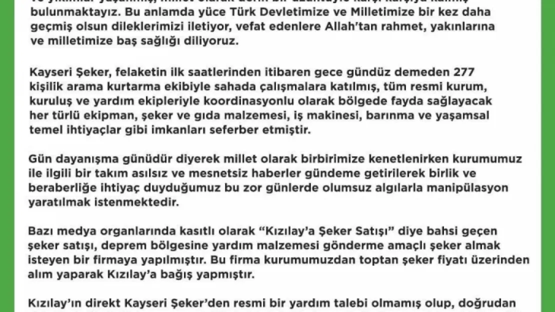 Kayseri Şeker'den 'Kızılay'a şeker sattı' iddiasına yanıt