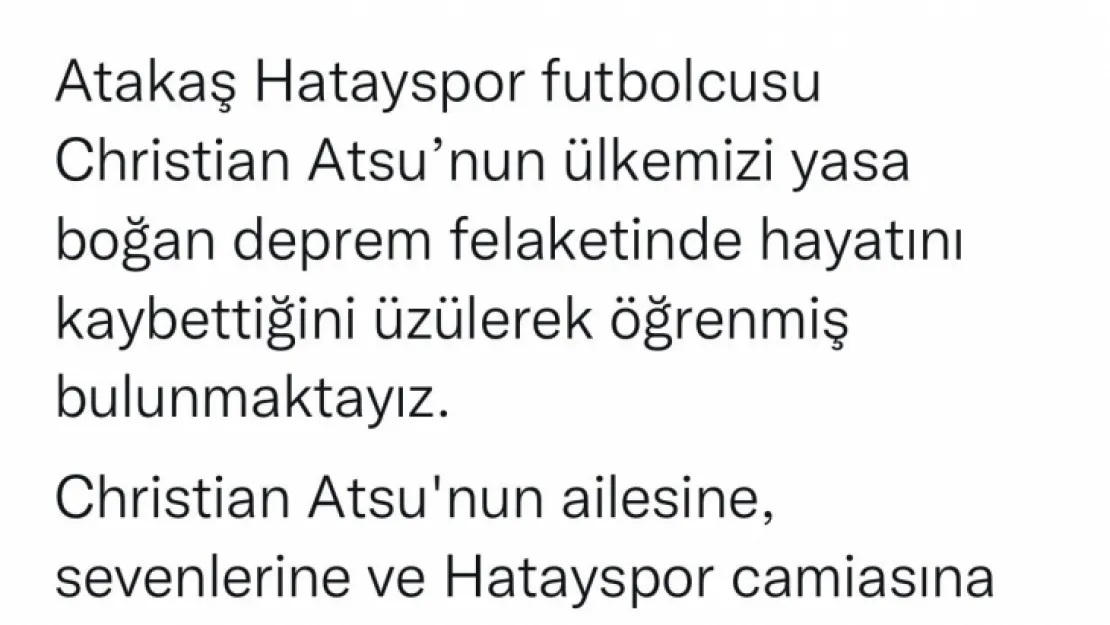 Kayserispor'dan Atsu için başsağlığı mesajı