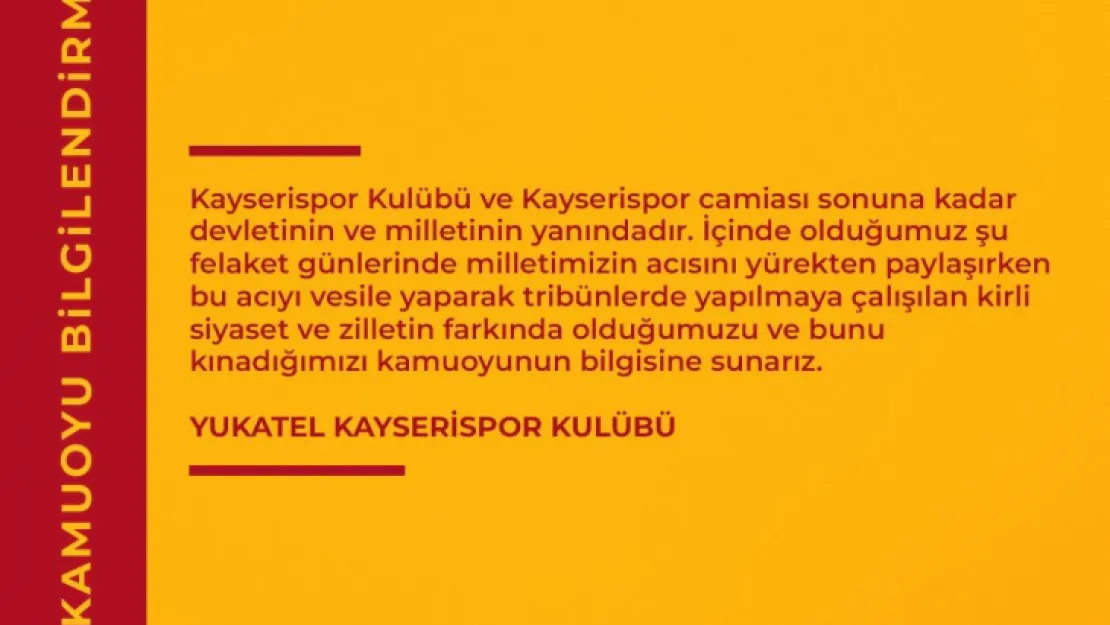 Kayserispor'dan tribünlerden 'hükümet' aleyhinde atılan tezahüratlara kınama