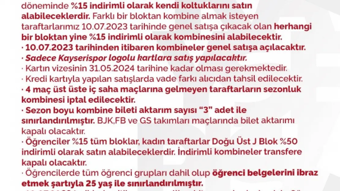 Kayserispor, kombine bilet fiyatlarını belirledi