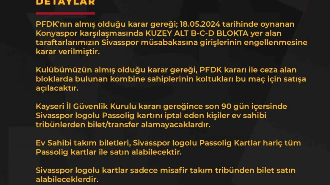 Kayserispor-Sivasspor maçının biletleri satışa çıkıyor