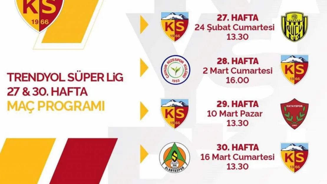 Kayserispor'un maç takvimi: 3 kez Cumartesi günü oynayacak