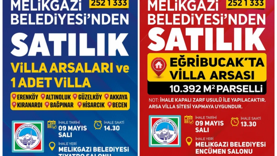 Melikgazi Belediyesi'nden satılık villa ve villa arsası ihalesi