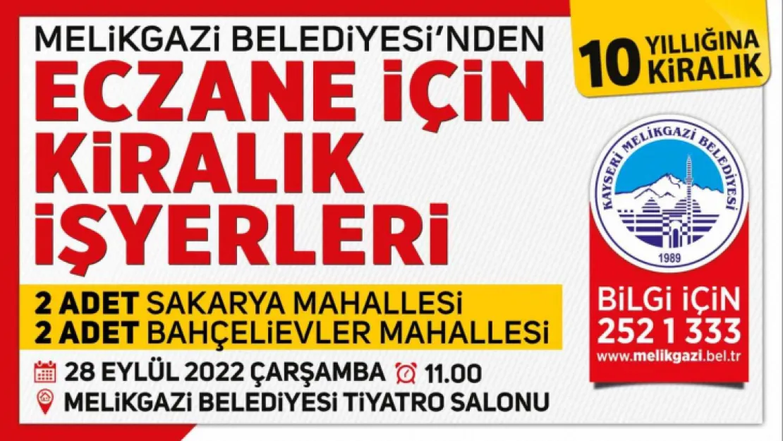 Melikgazi'den 4 adet eczane için işyeri ihalesi