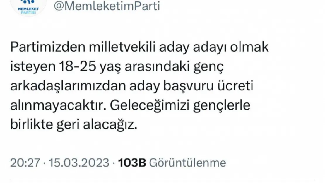 Memleket Partisi, gençlerden adaylık ücreti almayacak