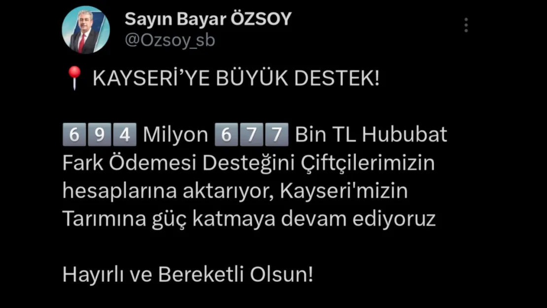 Milletvekili Bayar Özsoy'dan çiftçilere destek ödeme müjdesi