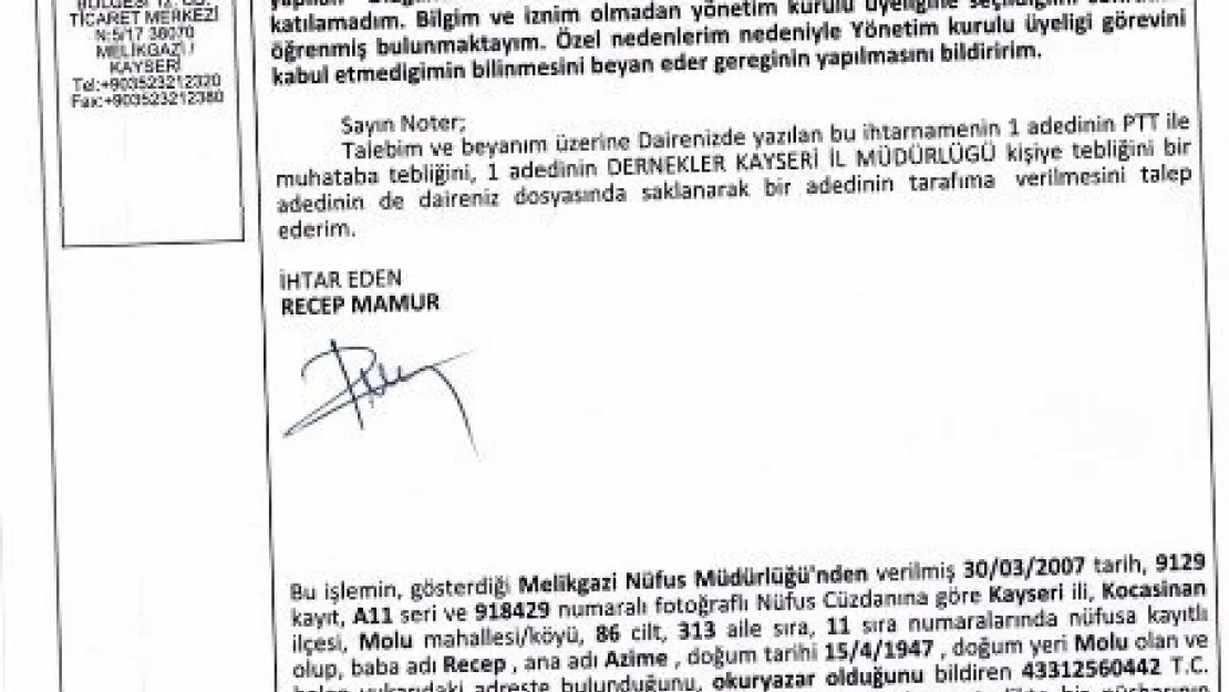 Recep Mamur'dan Kayserispor'a Noterli İstifa 