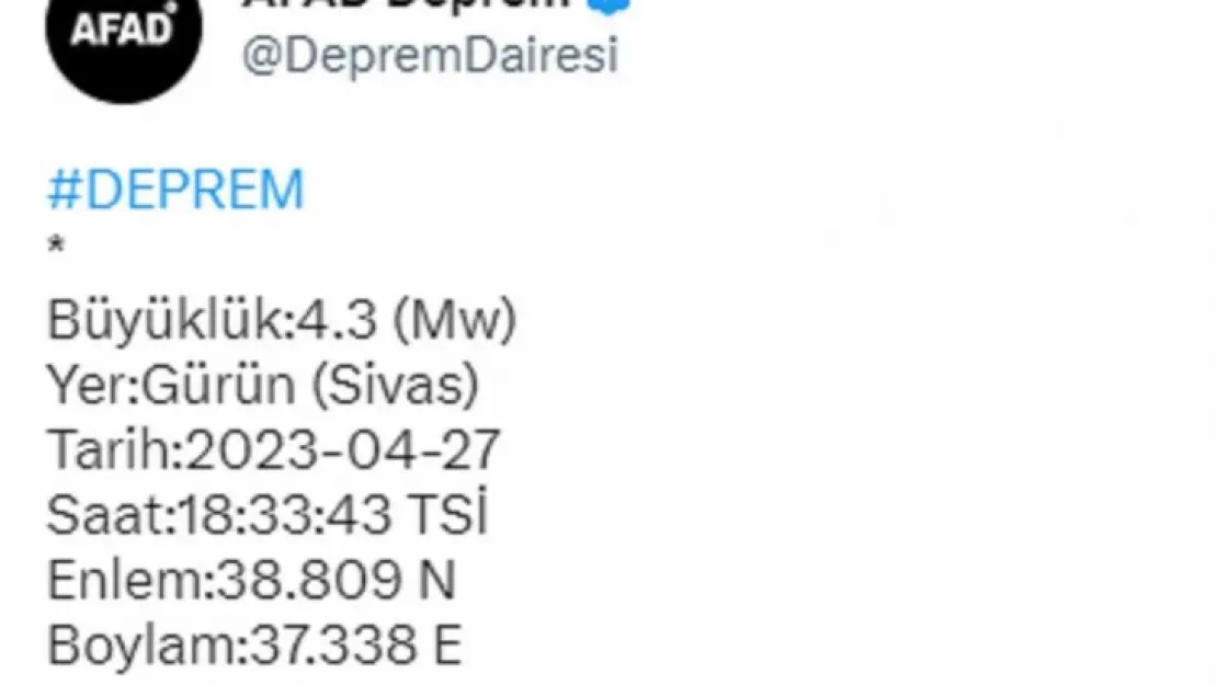 Sivas'ta 4,3 büyüklüğünde deprem