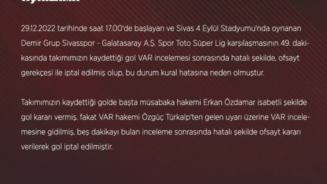 Sivasspor, Galatasaray maçının tekrarı için TFF'ye başvurdu