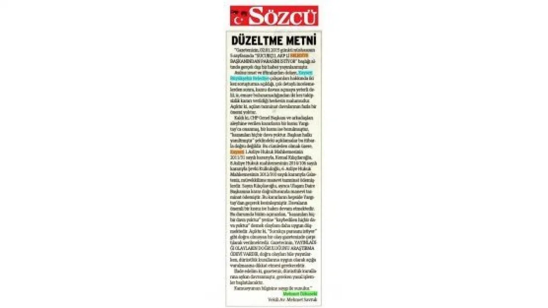 SÖZCÜ GAZETESİ İFTİRASINI DÜZELTMEK ZORUNDA KALDI