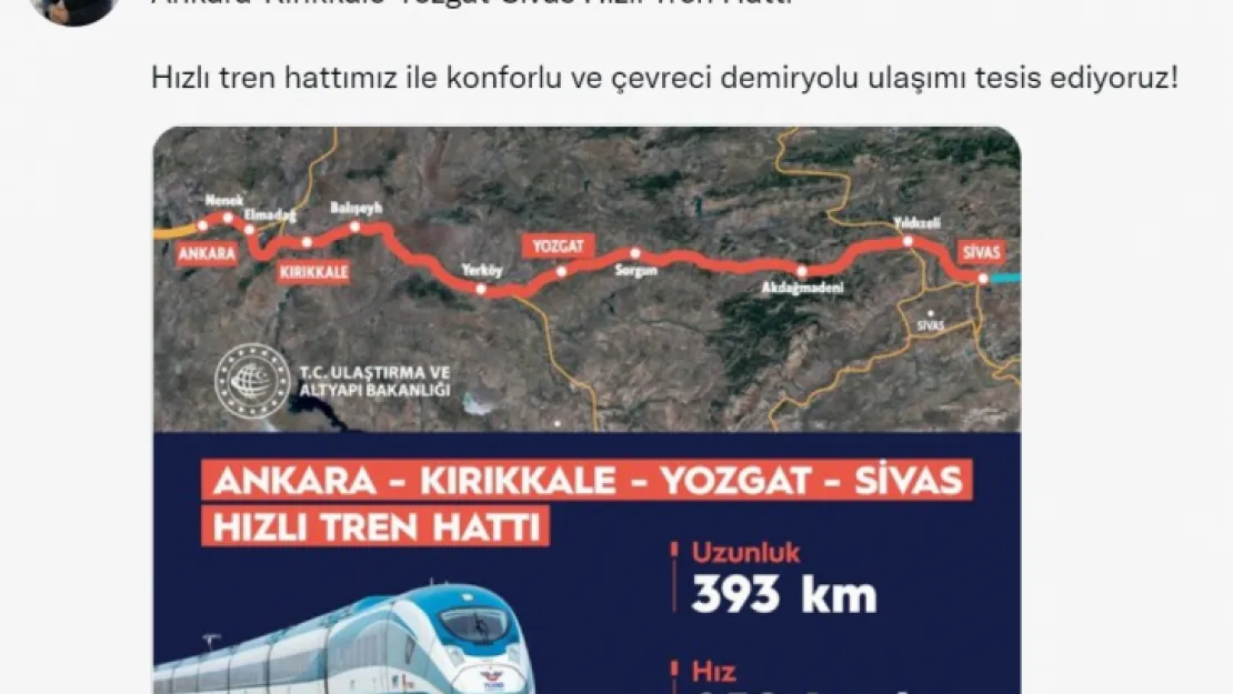 Ulaştırma Bakanı Karaismailoğlu'ndan hızlı tren paylaşımı