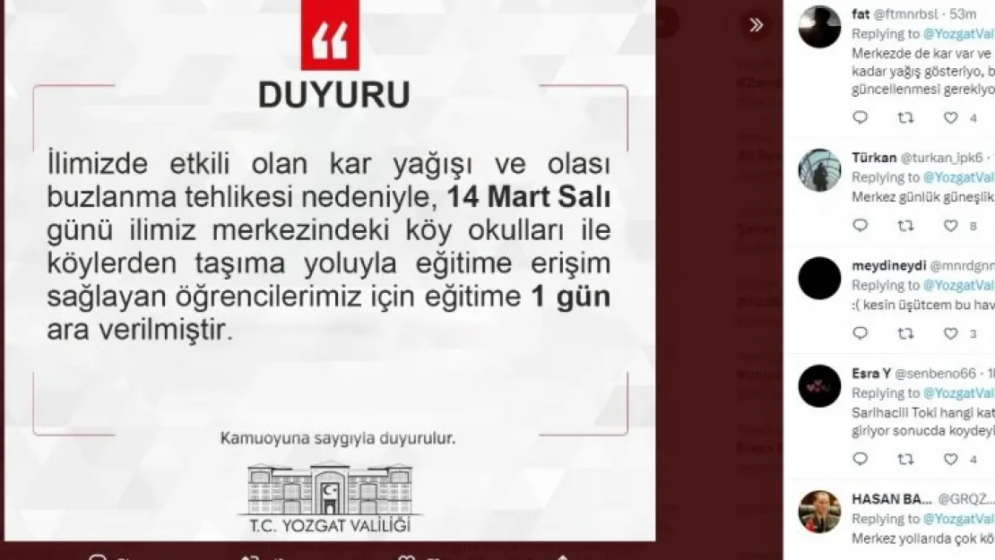 Yozgat'ta öğrencilerin 'kar tatili' mesajları gülümsetti