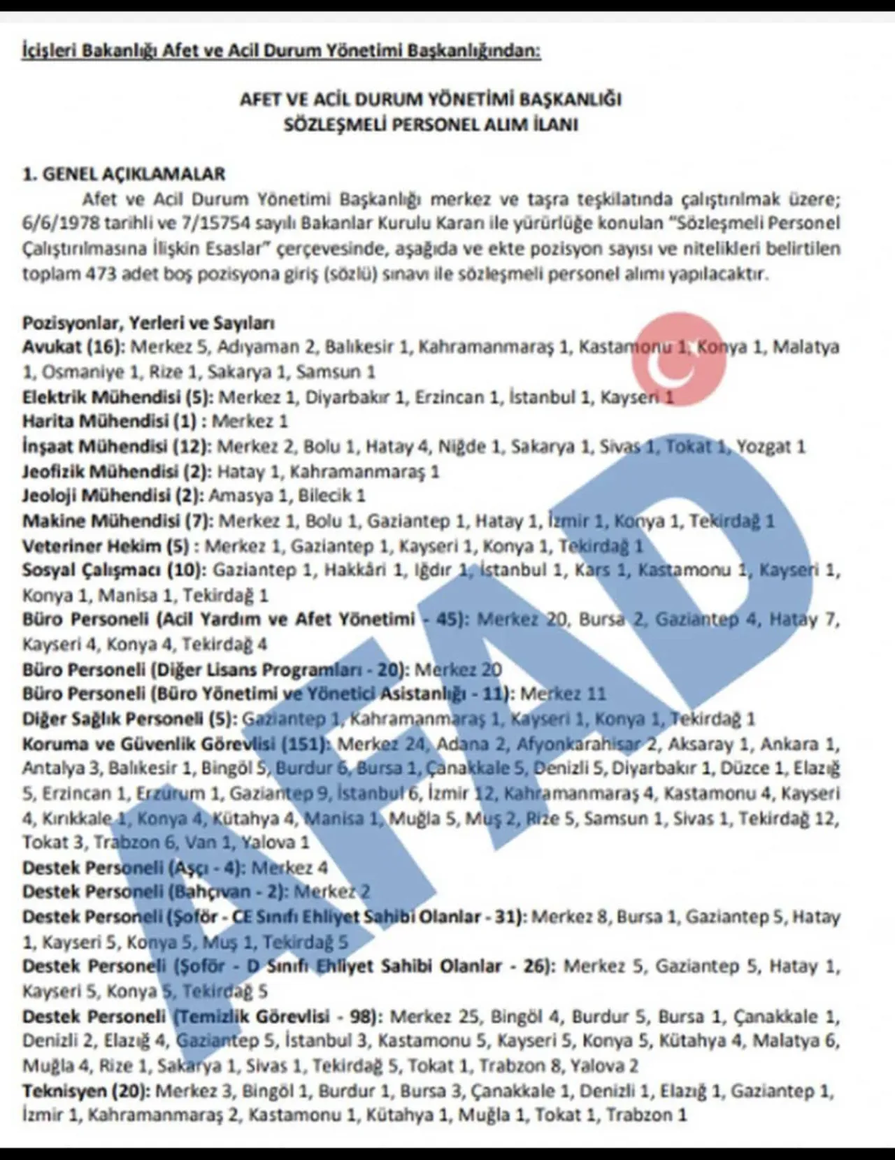 AFAD, 473 Sözleşmeli Personel Alacak