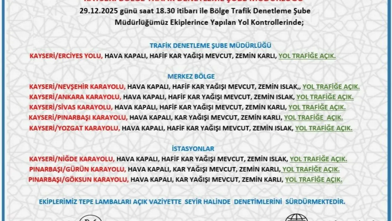 Kayseri'de yollar trafiğe açık