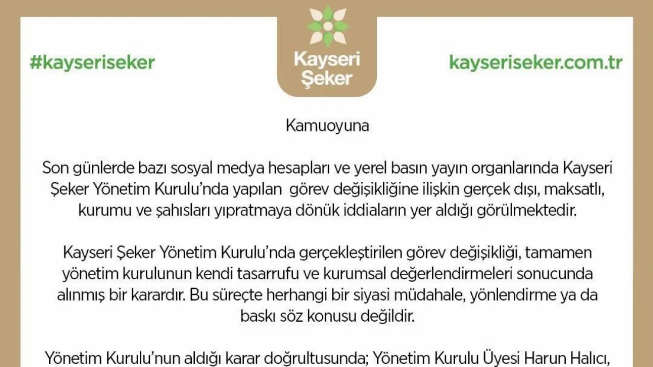 Kayseri Şeker: 'Görev değişikliği siyasi bir karar değil'