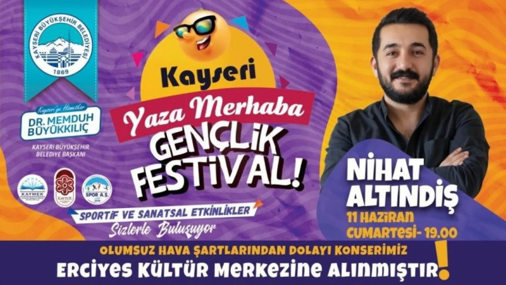 Büyükşehir'in hafta sonu gerçekleşecek Gençlik Festivali konserleri Erciyes Kültür Merkezi'ne alındı