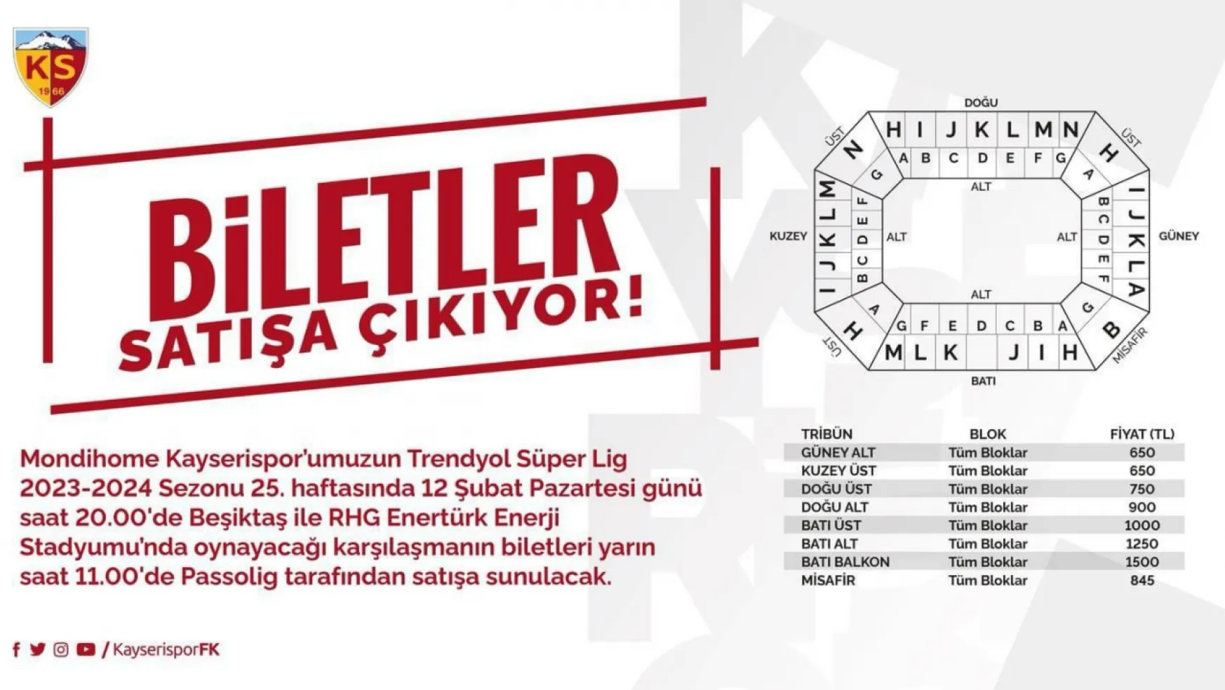Kayserispor - Beşiktaş maçının biletleri yarın satışa çıkacak