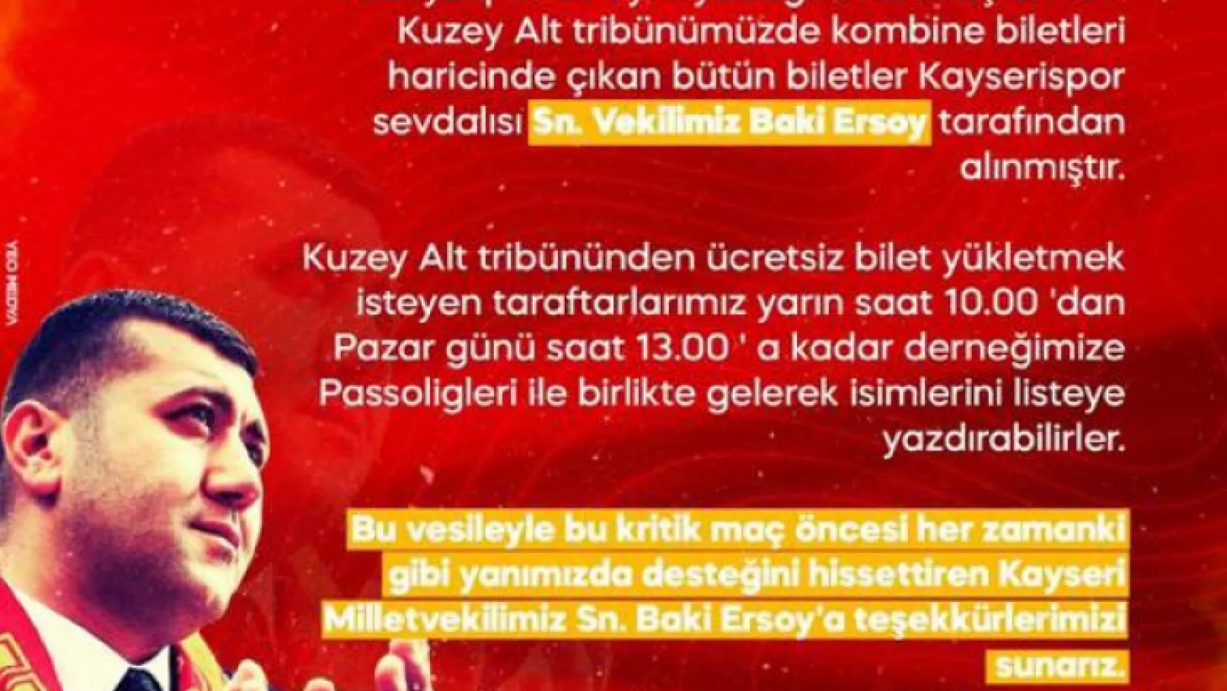 MHP Milletvekili Baki Ersoy'dan Kayserisporlulara bilet jesti