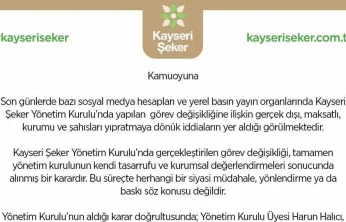 Kayseri Şeker: 'Görev değişikliği siyasi bir karar değil'