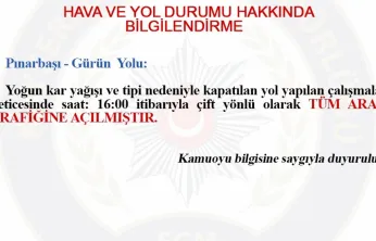 Pınarbaşı-Gürün yolu ulaşıma açıldı