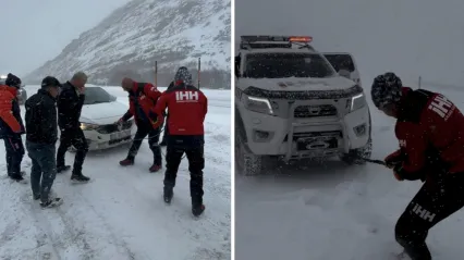 Kayseri'de karlı yolda mahsur kalan vatandaşlara İHH Yetişti