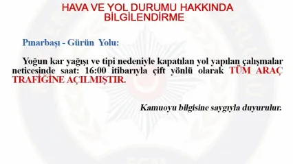 Pınarbaşı-Gürün yolu ulaşıma açıldı