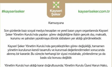 Kayseri Şeker: 'Görev değişikliği siyasi bir karar değil'