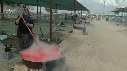 Domatesler kışlık salça için kaynadı