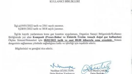 Kayseri OSB'de doğalgaz kısıtlaması sona eriyor