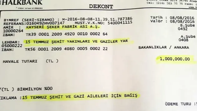 Şeker'den 15 Temmuz şehitleri için 1 milyon lira bağış