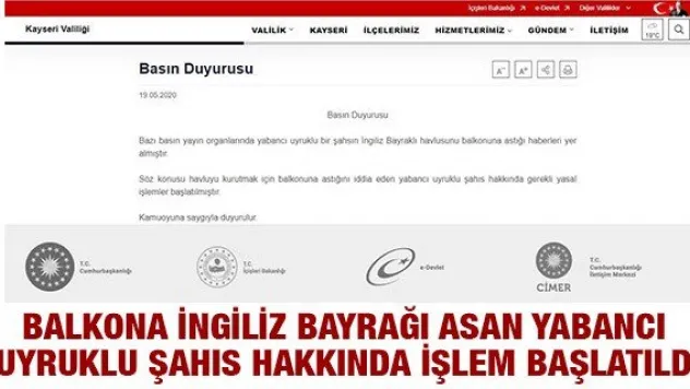 Balkona İngiliz Bayrağı asan yabancı uyruklu şahıs hakkında işlem başlatıldı