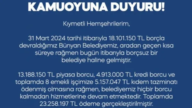 Bünyan Belediyesi borçlarının tamamını ödedi