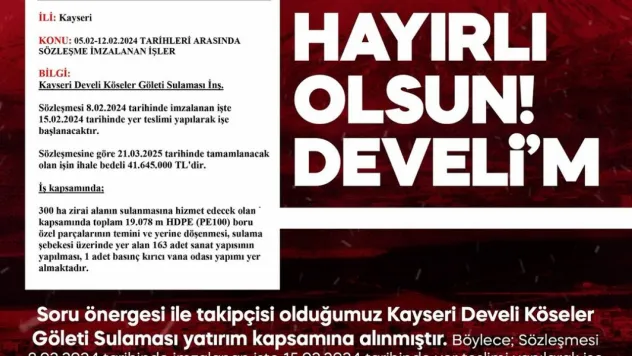 Develi Köseler Göleti Sulaması yatırım kapsamına alındı