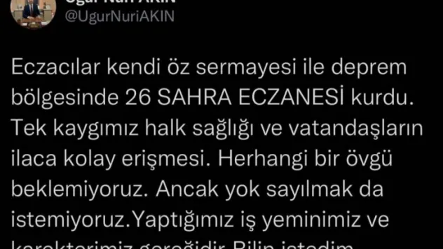 Eczacılardan deprem bölgesinde 26 Sahra Eczanesi