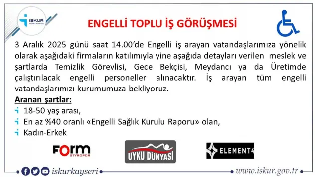 Engelli vatandaşlara yönelik toplu iş görüşmesi gerçekleşecek