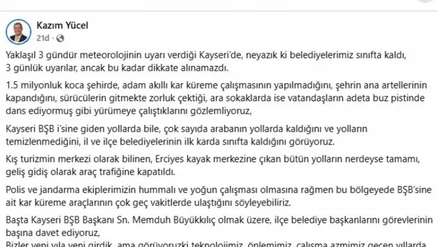 İYİ Partili Yücel, 'Kar küreme çalışmalarında Kayseri belediyeleri sınıfta kaldı'
