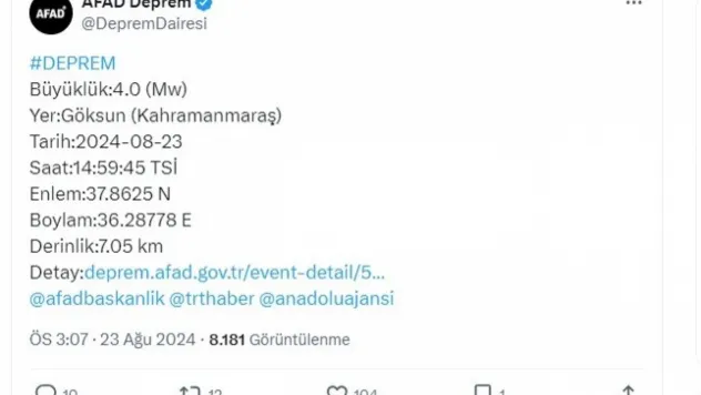 Kahramanmaraş'ta 4 büyüklüğünde deprem